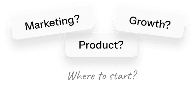Illustration showing confusing decision labels like 'Marketing', 'Growth', and 'Product', representing lack of priorities.