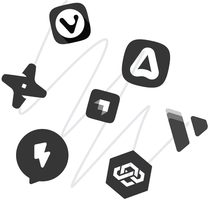 Illustration of scattered app icons symbolizing tool overload and lack of focus.